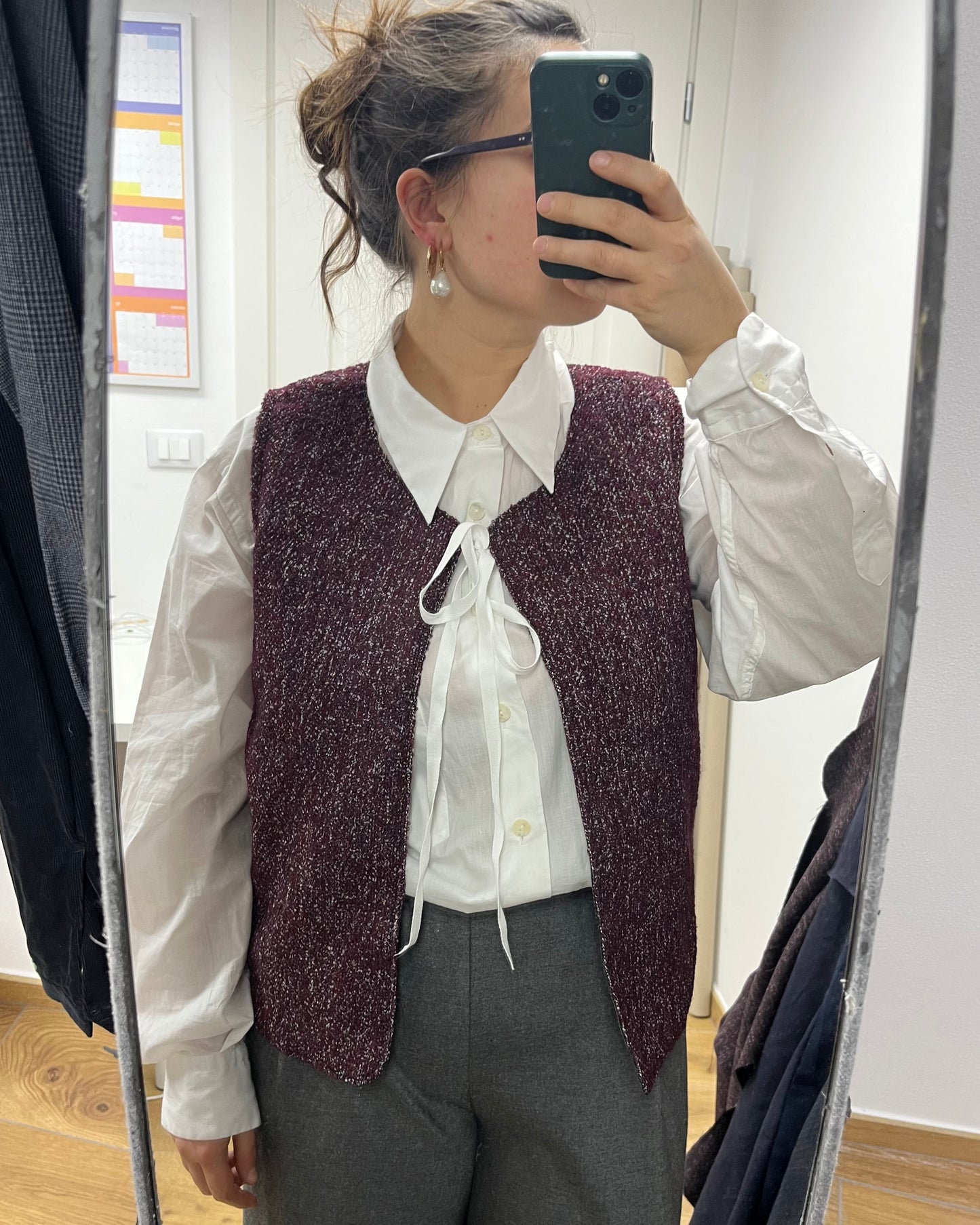 Gilet lana mélange bordeaux/grigio con fiocco