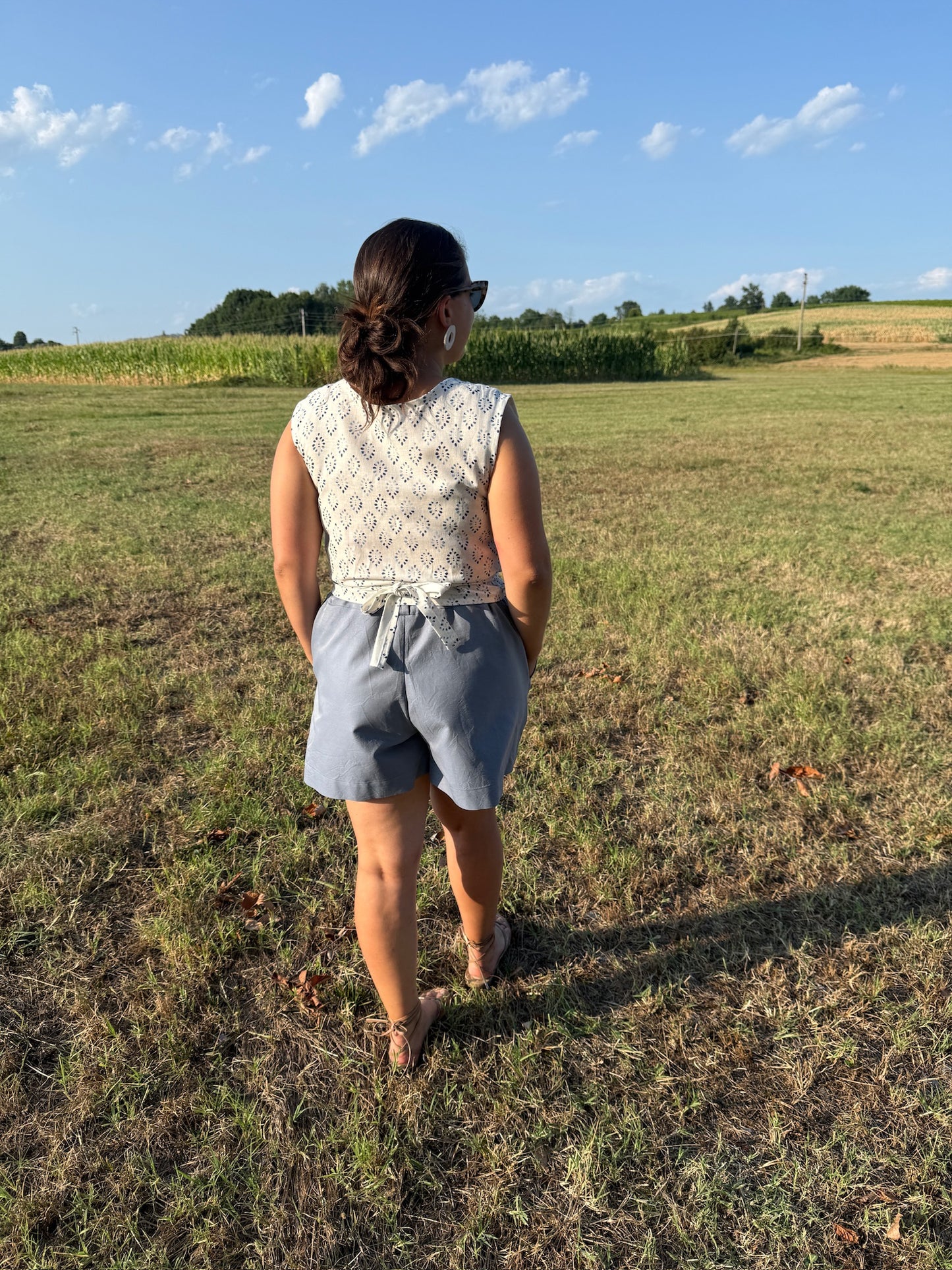 Wrap Top lino fantasia geometrica