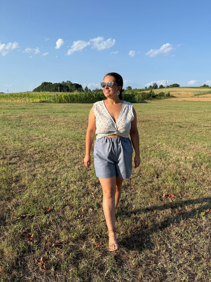 Wrap Top lino fantasia geometrica