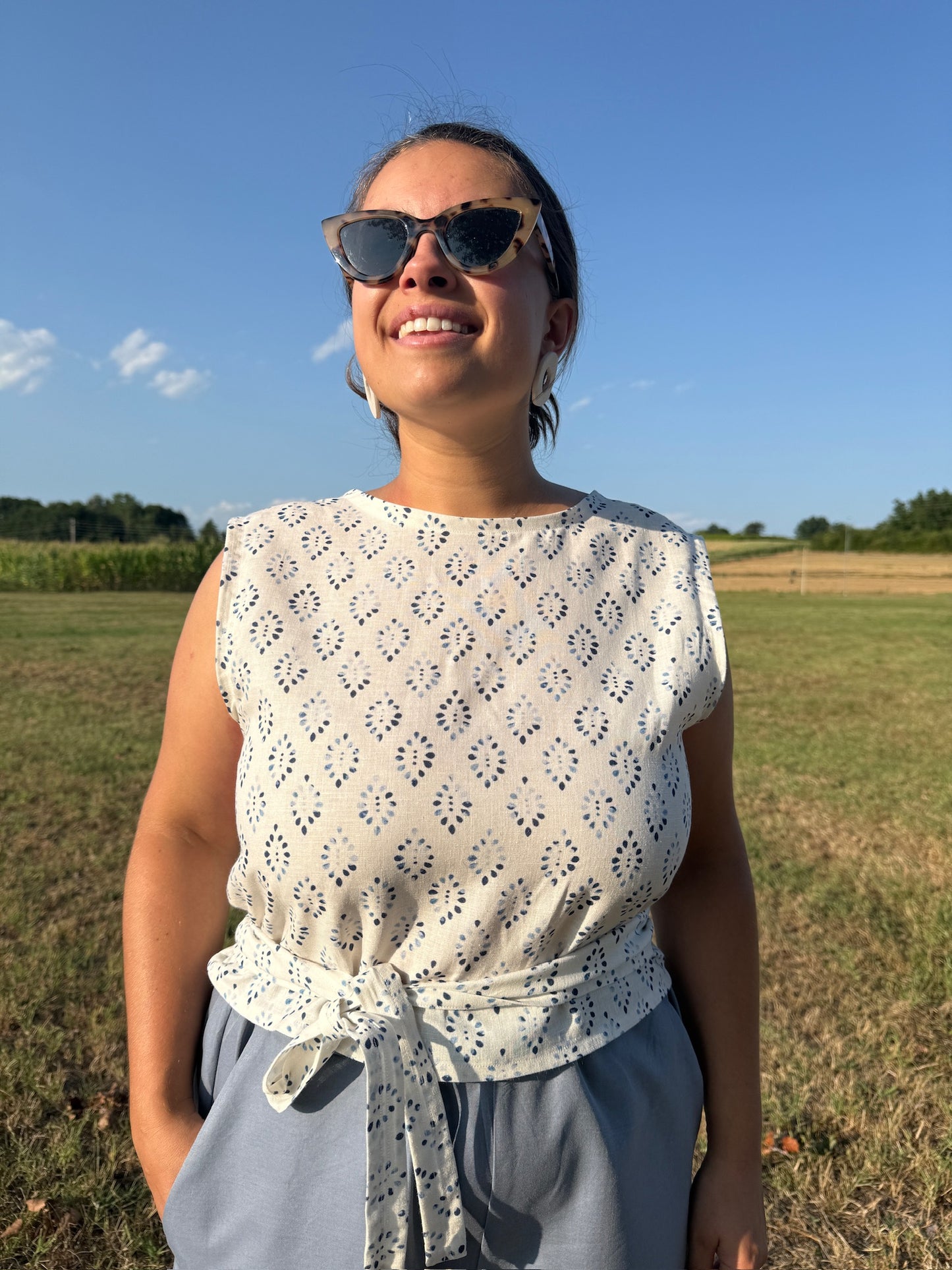 Wrap Top lino fantasia geometrica