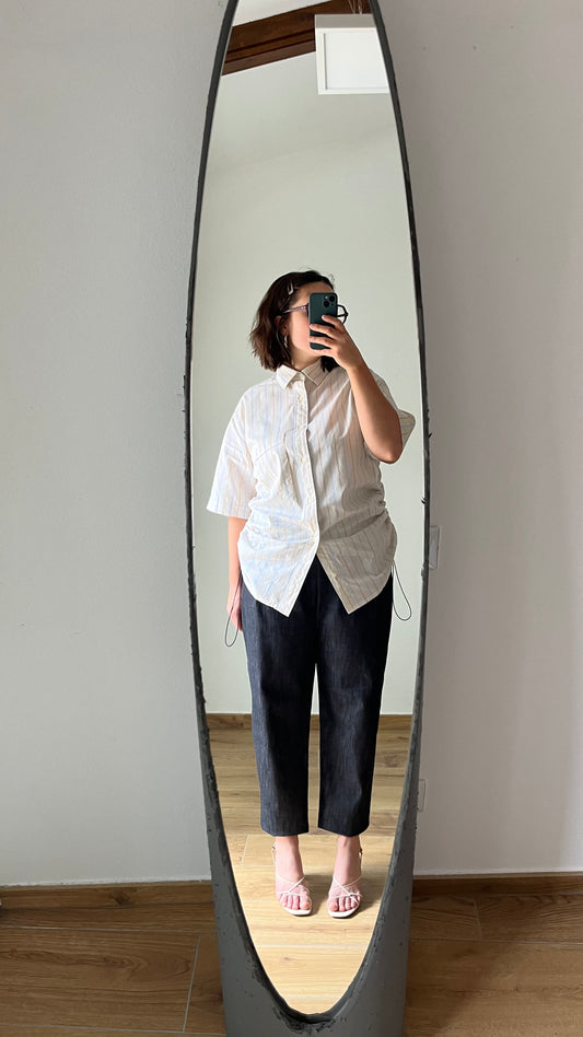 Camicia beige a righe azzurro/beige + elastico blu