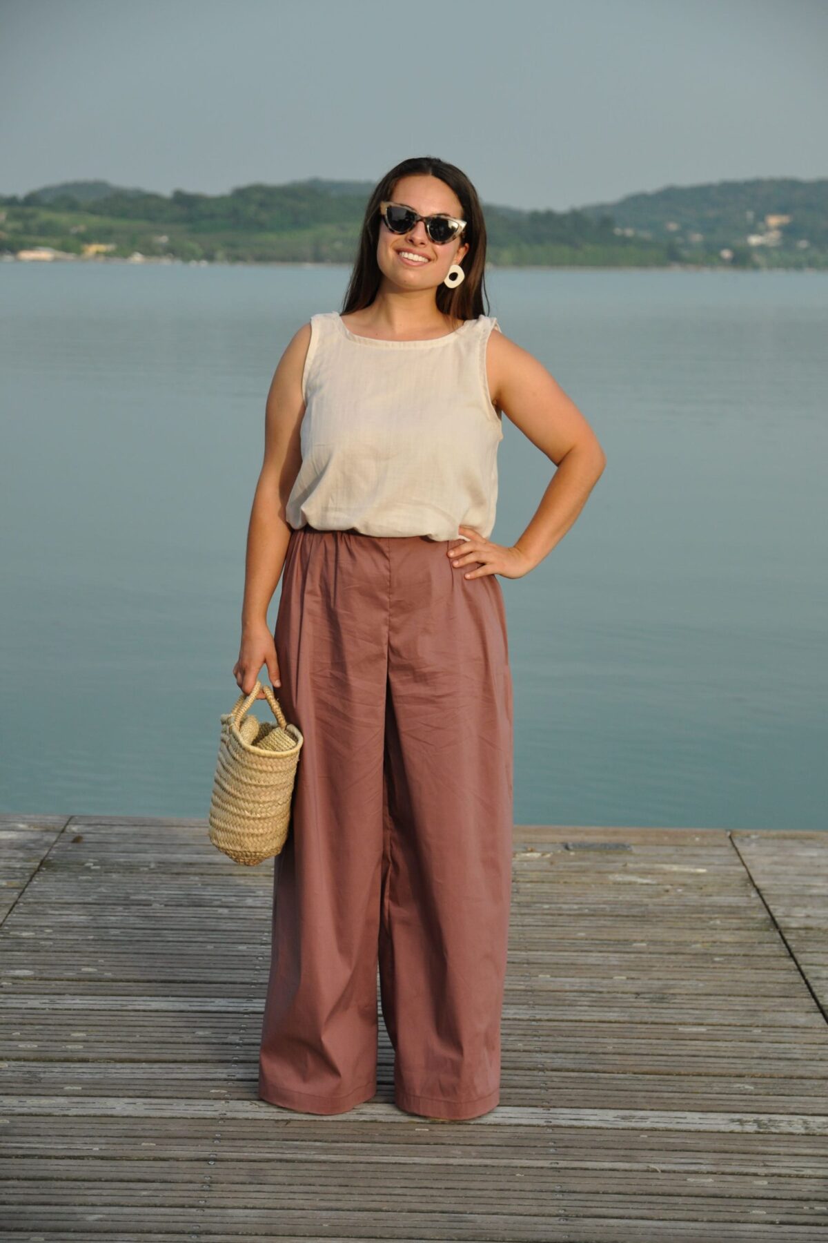 Pantalone palazzo Evergreen cotone malva